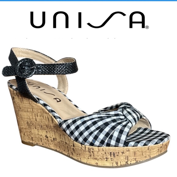 UNISA BLACK AND WHITE GINGHAM KNOT ANKLE STRAP PEEP TOE CORK PLATFORM WEDGES - Picture 1 of 15